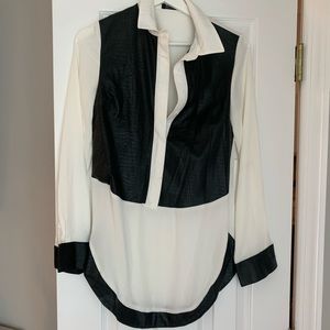 Cream Sheer and black faux leather panel blouse
